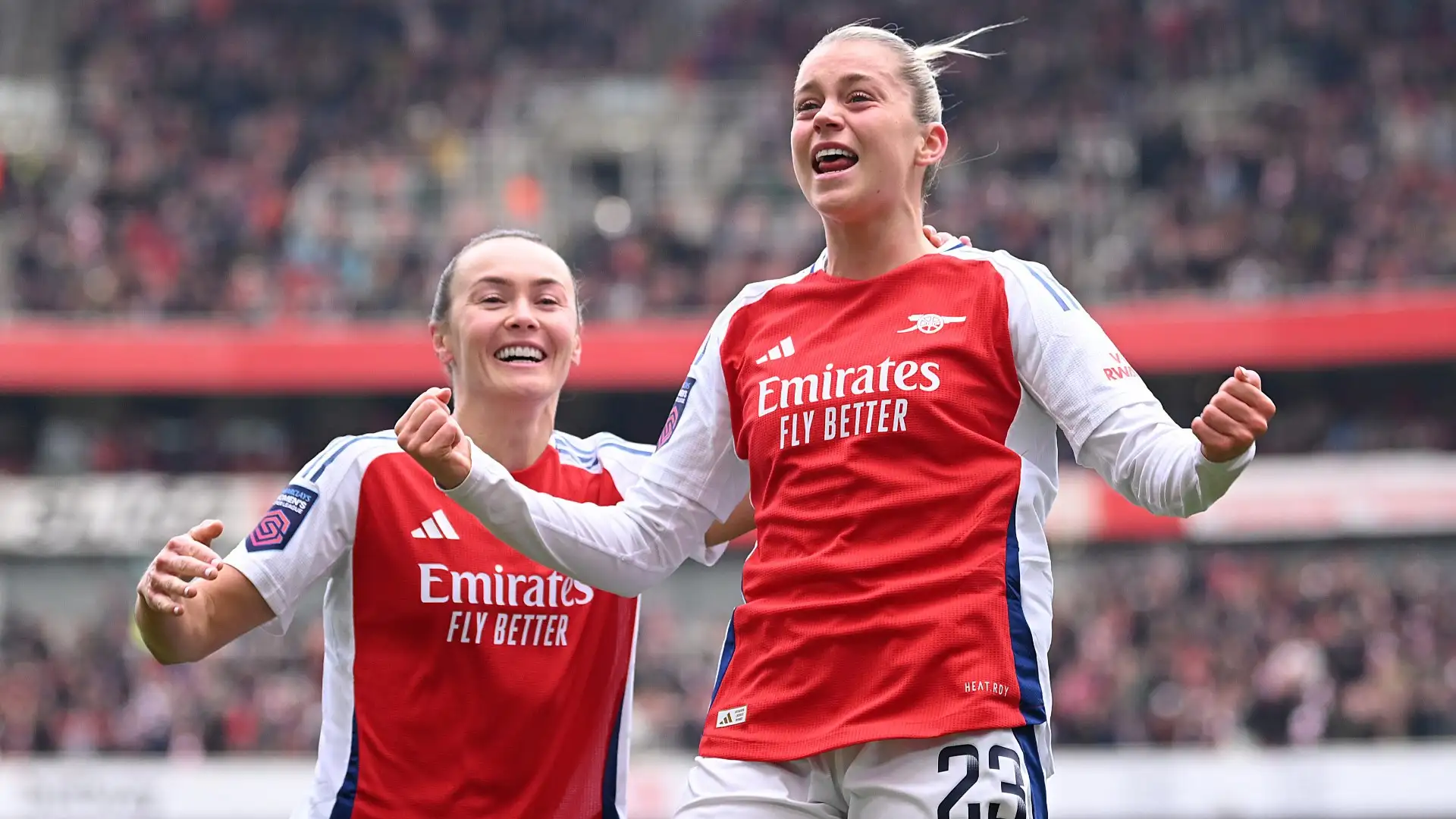 Arsenal striker Alessia Russo celebrates after scoring against Barcelona in 2025 Women’s Champions League final