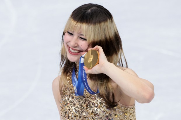 Gold medalist Alysa Liu of United States after the victory ceremony for the Figure Skating Women Single Skating event on day thirteen of the Milano Cortina 2026 Winter Olympic Games