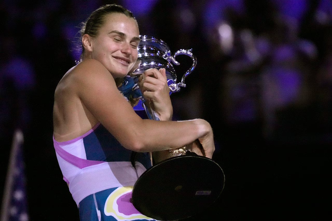 Aryna Sabalenka celebrating Grand Slam victory 