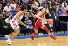 Paige Bueckers, right, dribbles during a USA basketball game on Thursday, March 12, 2026, against Puerto Rico in San Juan, Puerto Rico.