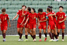 Team of China celebrate a goal during their Women's Asian Cup quarterfinal against Chinese Taipei at Perth Rectangular Stadium in Perth, Australia, March 14, 2026.