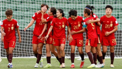 Team of China celebrate a goal during their Women's Asian Cup quarterfinal against Chinese Taipei at Perth Rectangular Stadium in Perth, Australia, March 14, 2026.