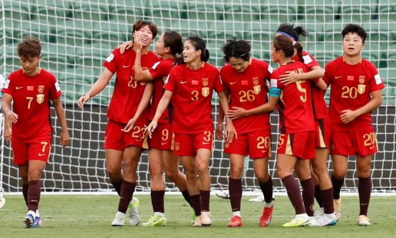 Team of China celebrate a goal during their Women's Asian Cup quarterfinal against Chinese Taipei at Perth Rectangular Stadium in Perth, Australia, March 14, 2026.
