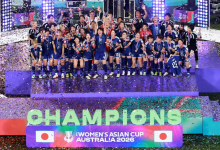 Japan celebrate winning the 2026 Women's Asian Cup. Photograph: David Gray/AFP/Getty Images