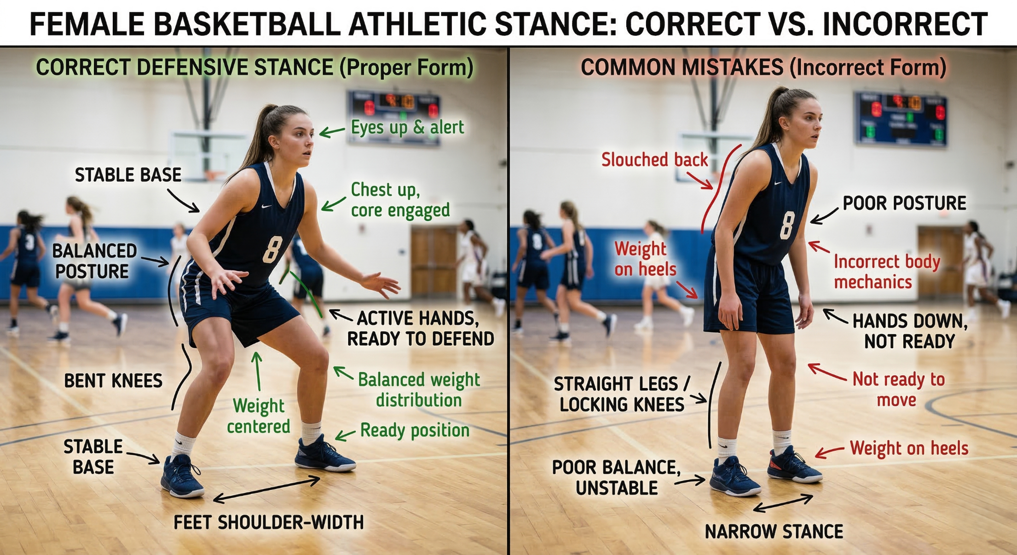 Proper defensive and athletic stance in women's basketball - correct form compared to common mistakes
