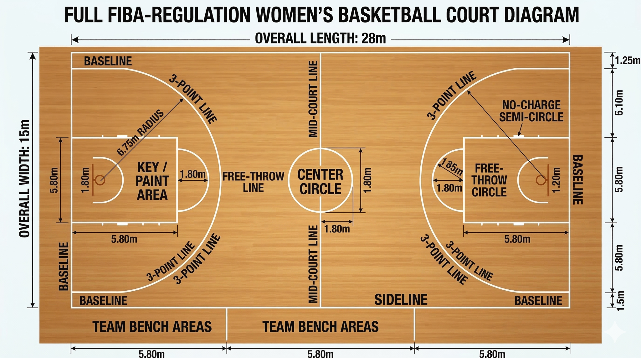 Regulation women's basketball court dimensions and markings - FIBA standard 28m x 15m court diagram