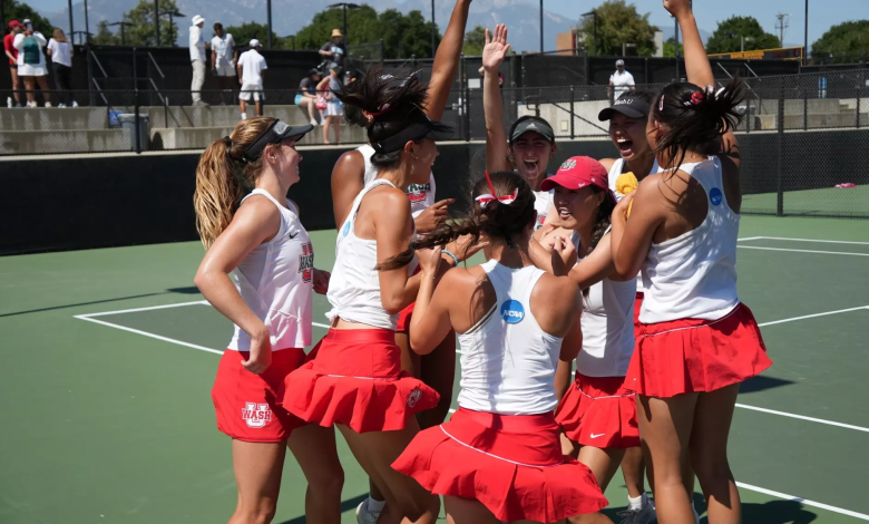 WashU women's tennis celebrates first NCAA Division III national championship after defeating Pomona-Pitzer, May 2025