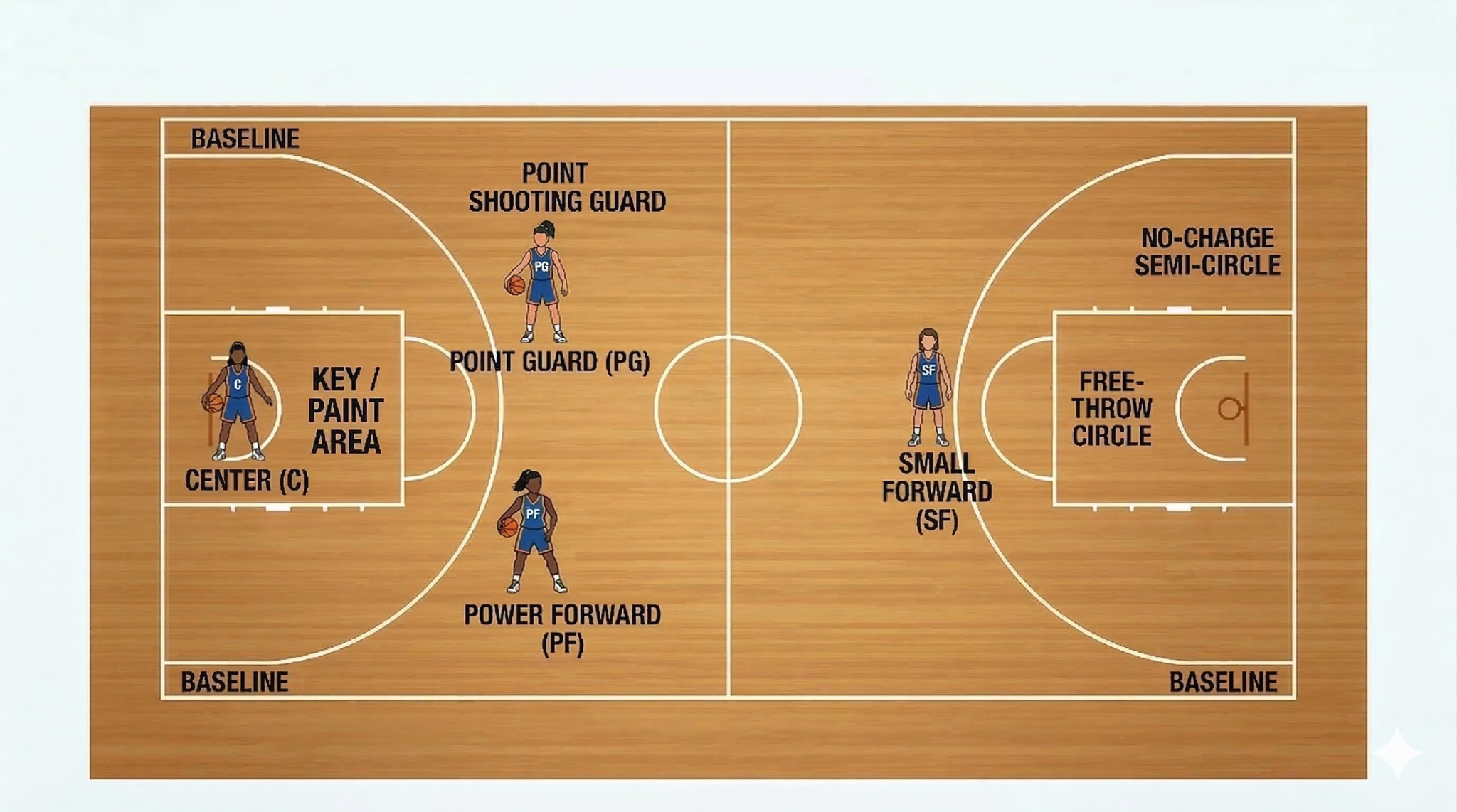 Women's basketball positions diagram showing point guard, shooting guard, small forward, power forward, and center typical floor locations