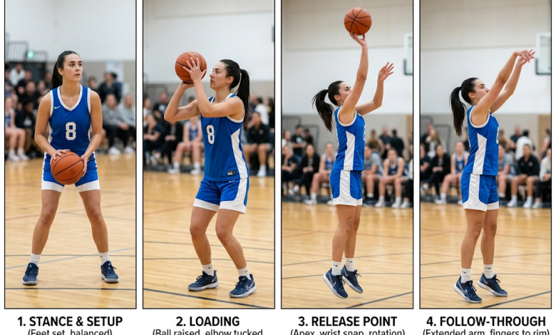 Women's basketball shooting form breakdown - proper shooting technique from stance through follow-through