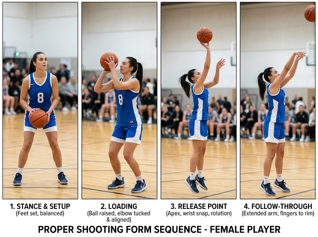 Women's basketball shooting form breakdown - proper shooting technique from stance through follow-through