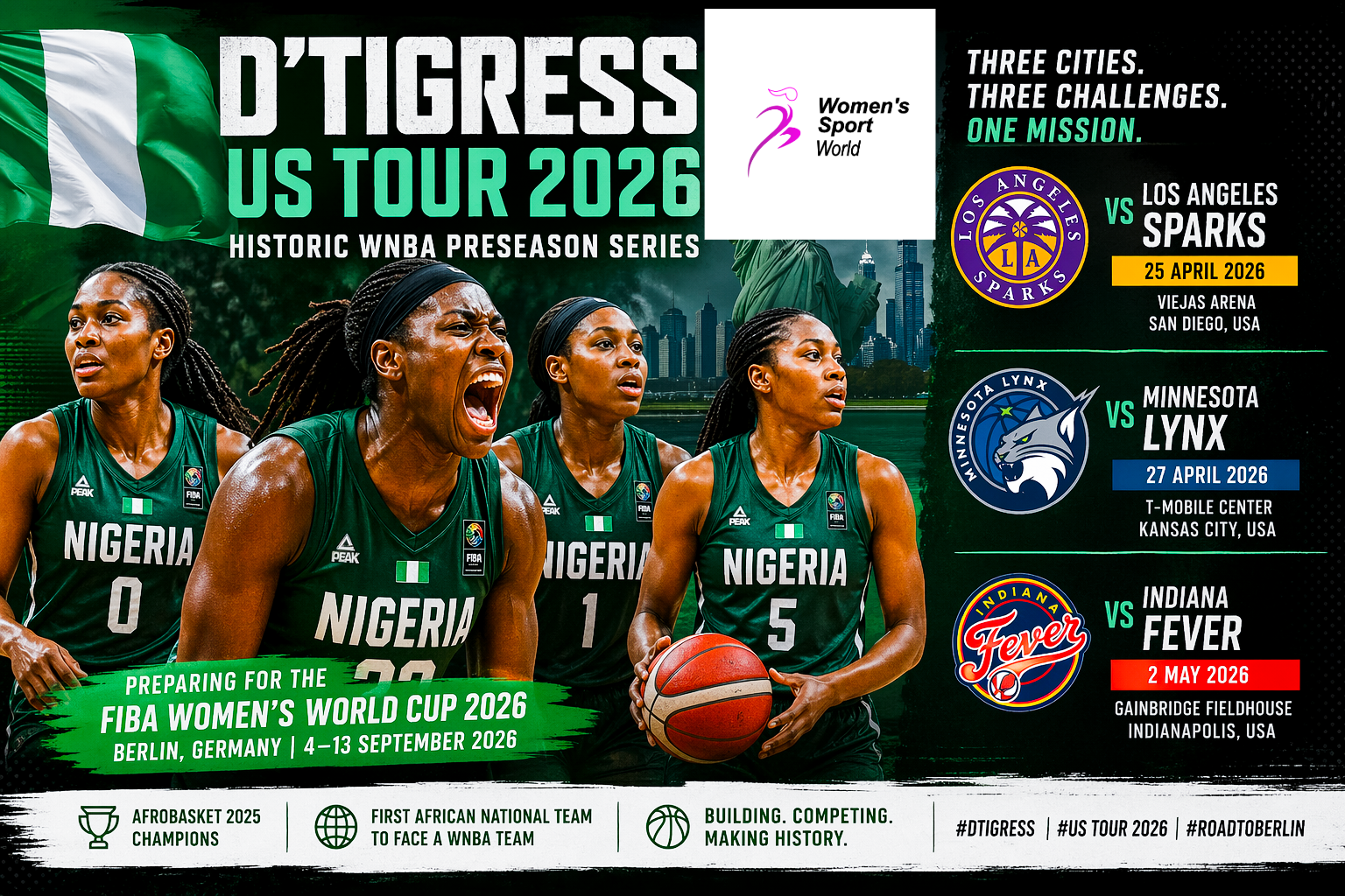 D’Tigress US Tour 2026: Nigeria Face Los Angeles Sparks, Minnesota Lynx and Indiana Fever in Historic WNBA Preseason Series Ahead of World Cup