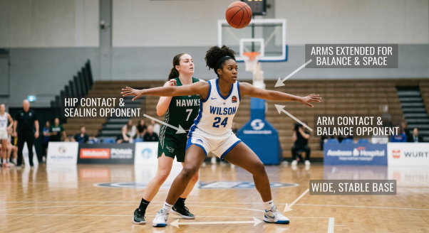 Box-out rebounding technique in women's basketball - proper body positioning and contact points for effective rebounding