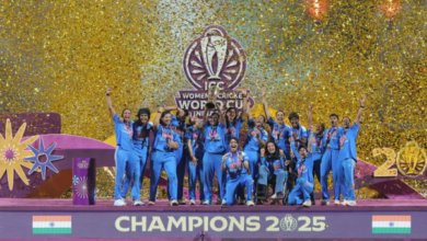 India Women’s Cricket World Cup 2025 champions celebrate with the trophy