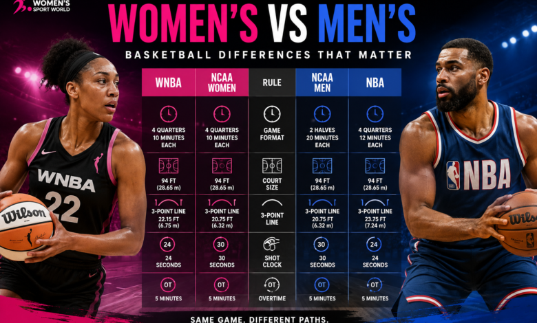 Women’s vs men’s basketball comparison showing WNBA NBA NCAA and FIBA rule differences