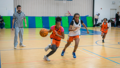 Girl basketball player training on court with ball-handling shooting and defensive drills