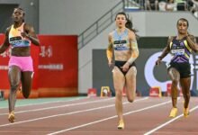 Women racing towards the finish at a Diamond League meeting