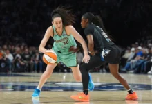 New York Liberty forward Breanna Stewart (30) dribbles downcourt as Minnesota Lynx guard Maya Caldwell