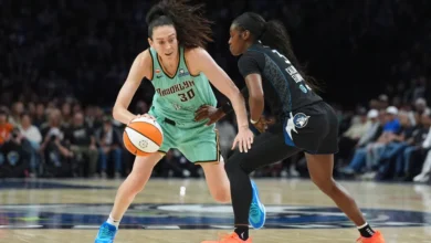 New York Liberty forward Breanna Stewart (30) dribbles downcourt as Minnesota Lynx guard Maya Caldwell