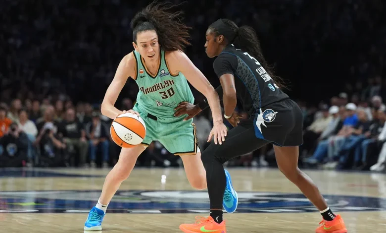 New York Liberty forward Breanna Stewart (30) dribbles downcourt as Minnesota Lynx guard Maya Caldwell
