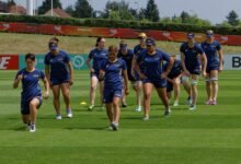Australia women rugby players training at the 2014 Women’s Rugby World Cup