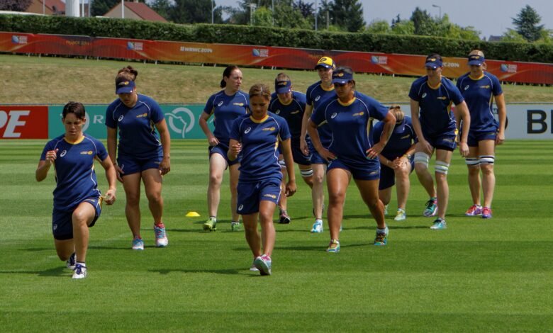 Australia women rugby players training at the 2014 Women’s Rugby World Cup