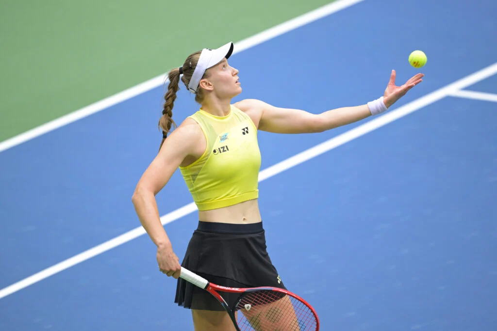 Elena Rybakina serving against Aryna Sabalenka in the 2026 US Open final