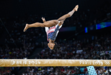 PARIS, FRANCE - JULY 30: Simone Biles of Team United States competes on the balance beam during the Artistic Gymnastics Women's Team Final on day four of the Olympic Games Paris 2024 at the Bercy Arena on July 30, 2024 in Paris, France. (Photo by Tom Well