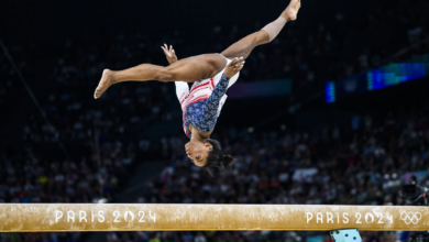 PARIS, FRANCE - JULY 30: Simone Biles of Team United States competes on the balance beam during the Artistic Gymnastics Women's Team Final on day four of the Olympic Games Paris 2024 at the Bercy Arena on July 30, 2024 in Paris, France. (Photo by Tom Well