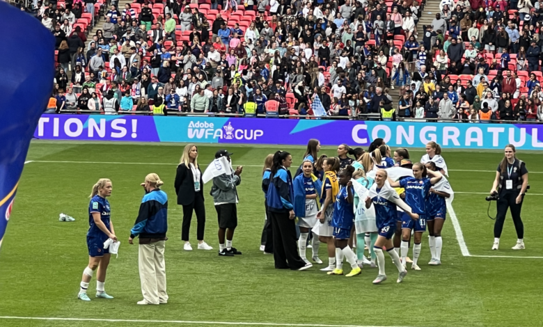 Chelsea Women players celebrating at Wembley during the 2025 Women’s FA Cup final