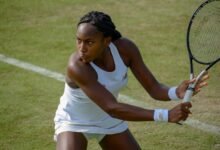 Coco Gauff preparing a backhand during Wimbledon qualifying in Roehampton in 2019.