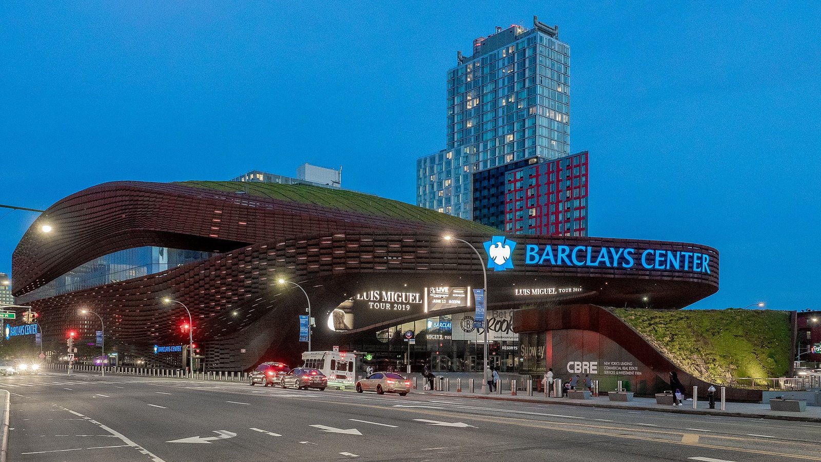 Exterior of Barclays Center in Brooklyn at dusk in June 2019