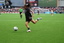 Angel City player kicking the ball during the Portland match on May 17, 2026