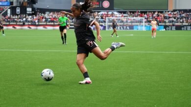 Angel City player kicking the ball during the Portland match on May 17, 2026