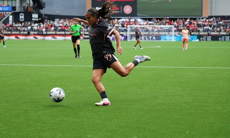 Angel City player kicking the ball during the Portland match on May 17, 2026
