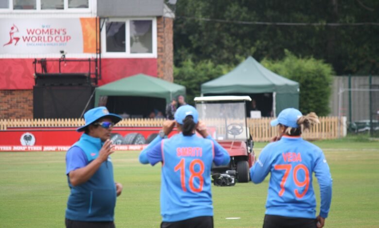 India women cricket players on the field at the 2017 Women’s Cricket World Cup