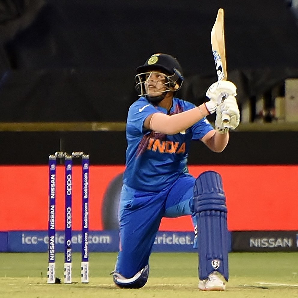 Shafali Verma hits a six for India against Bangladesh at the 2020 Women’s T20 World Cup
