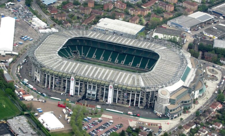 Aerial view of Twickenham, venue for the Red Roses Black Ferns WXV Test