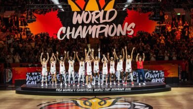 USA players lift the Women’s Basketball World Cup trophy in Berlin in 2026