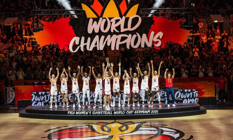 USA players lift the Women’s Basketball World Cup trophy in Berlin in 2026