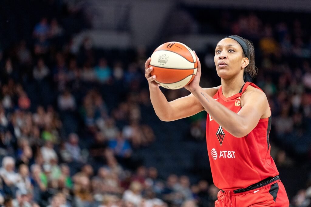 A'ja Wilson MVP winner shooting a free throw for the Las Vegas Aces