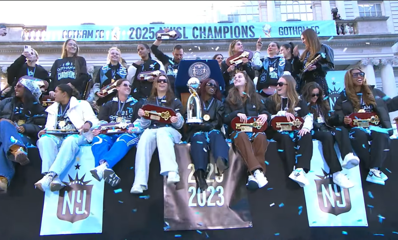 Gotham FC, leaders of the NWSL Shield race, celebrating their 2025 title in New York