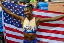 Masai Russell, a nominee for World Athletics Athlete of the Year, on a victory lap