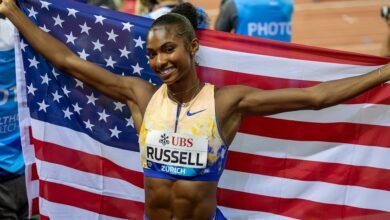 Masai Russell, a nominee for World Athletics Athlete of the Year, on a victory lap