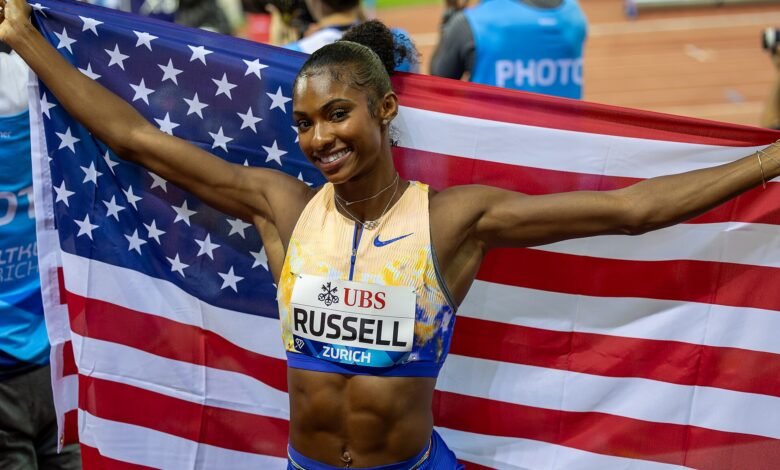 Masai Russell, a nominee for World Athletics Athlete of the Year, on a victory lap